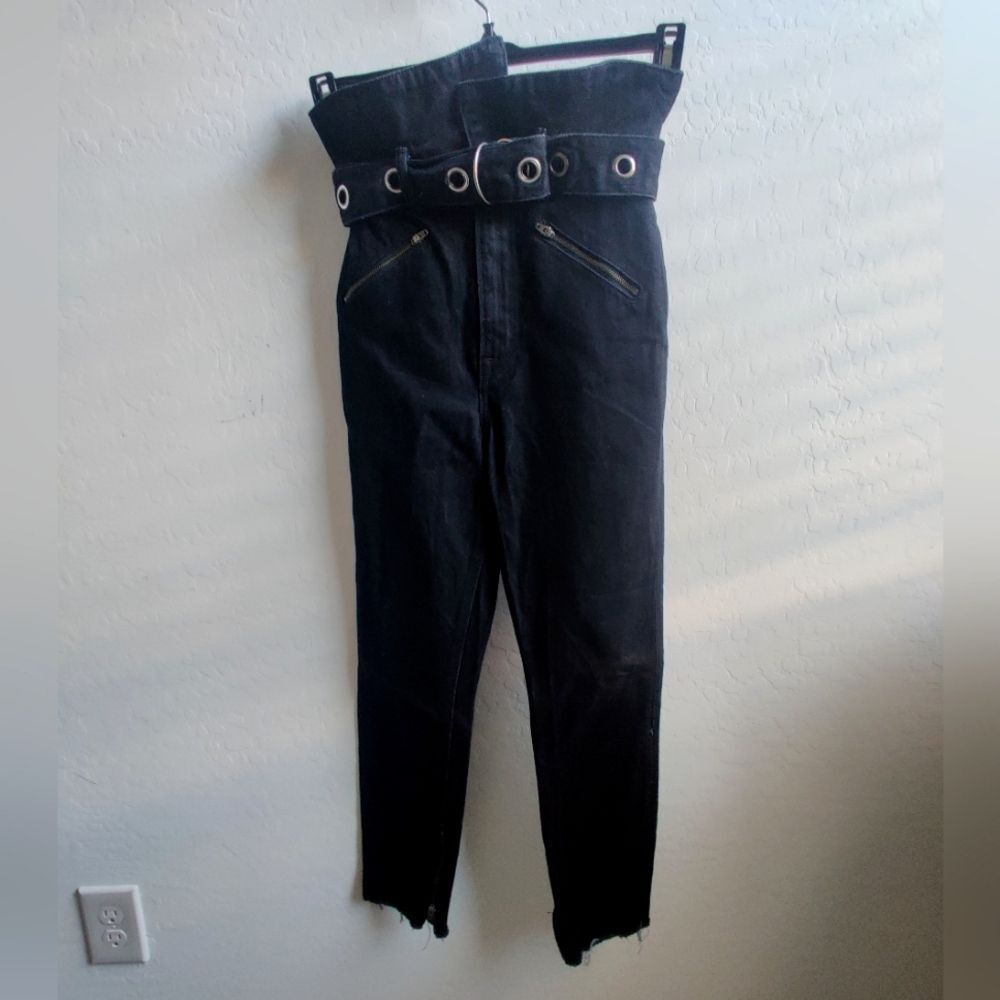 GRLFRND 100% Cotton high rise waist cropped black denim jeans eyelet belt_24